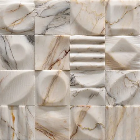   Calacatta Rosa  Domino  

 Domino, Petra Antiqua, Cream, Beige, Matte, Honed and Carved, Organic, Textured, Carved Natural Stone, 6 x 6 in, Handmade 
 