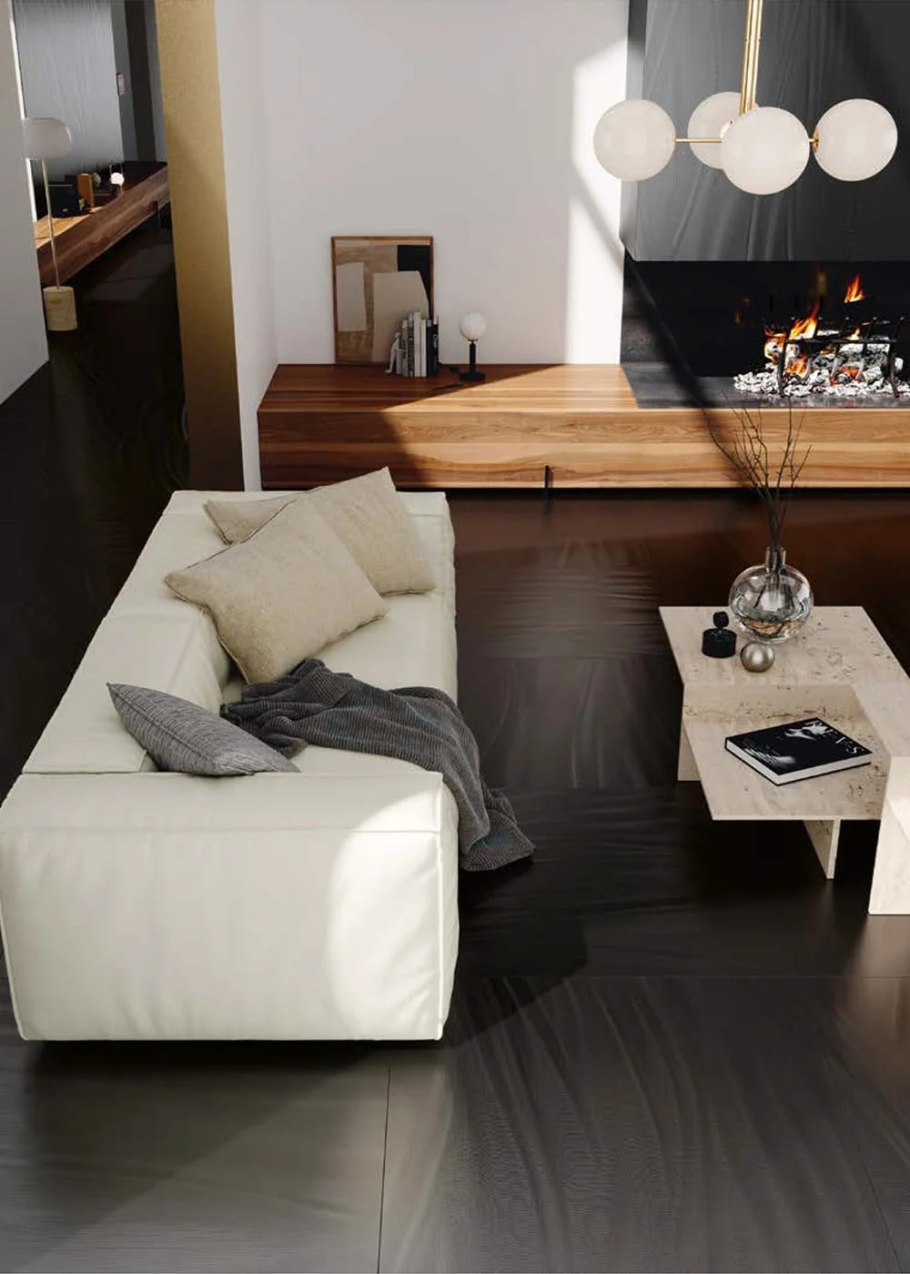 Modern living room with Ispirare Luce large-format black porcelain tile flooring, featuring a sleek matte finish and natural light reflections.