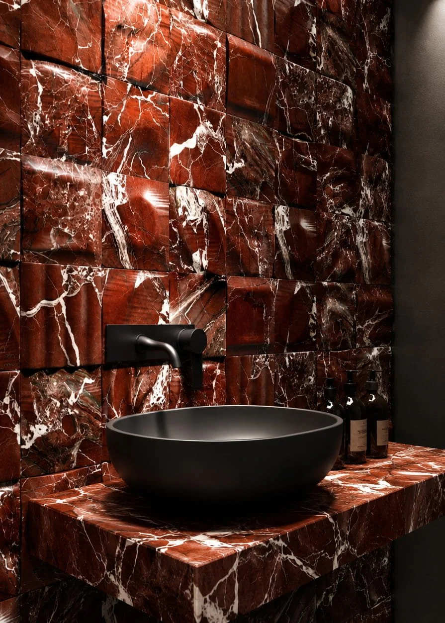 Rich Bordeaux Royal stone wall tile with handcrafted carved relief and dramatic geometric texture
