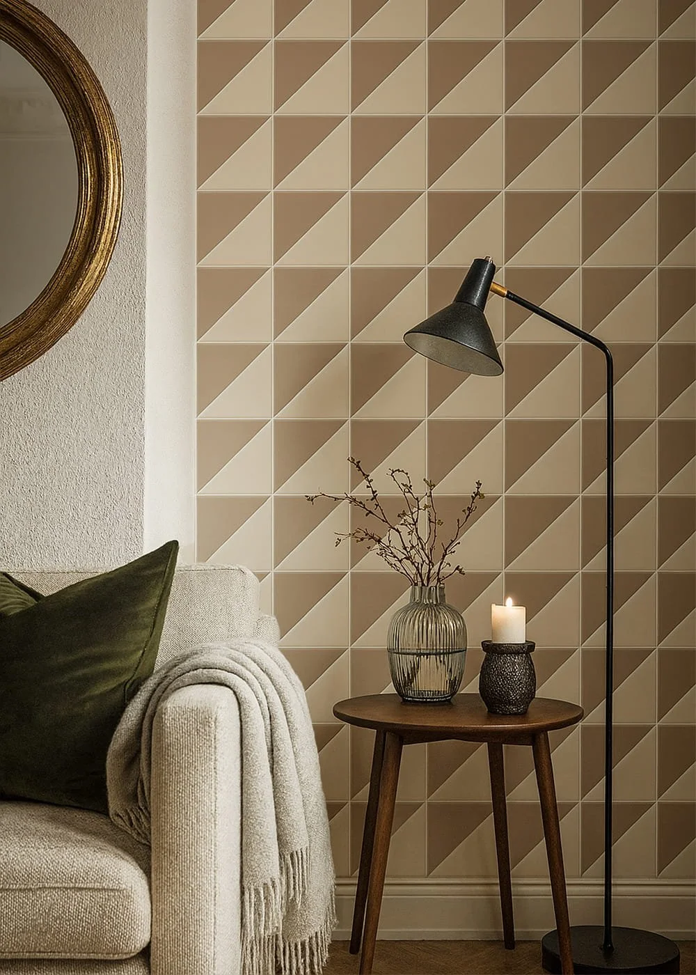 Geometric accent tile in jade and white from Ispirare’s System Décor series.