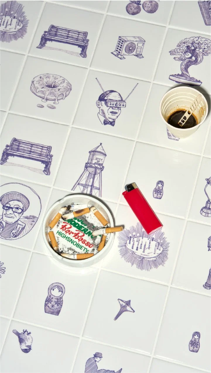 Playful illustrated surface with colorful design motifs
