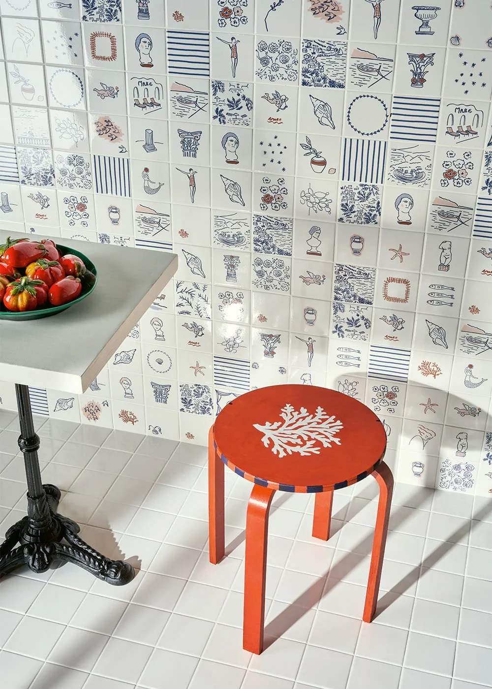 Costiera decorative porcelain wall tiles illustrated blue geometric patchwork pattern contemporary kitchen interior