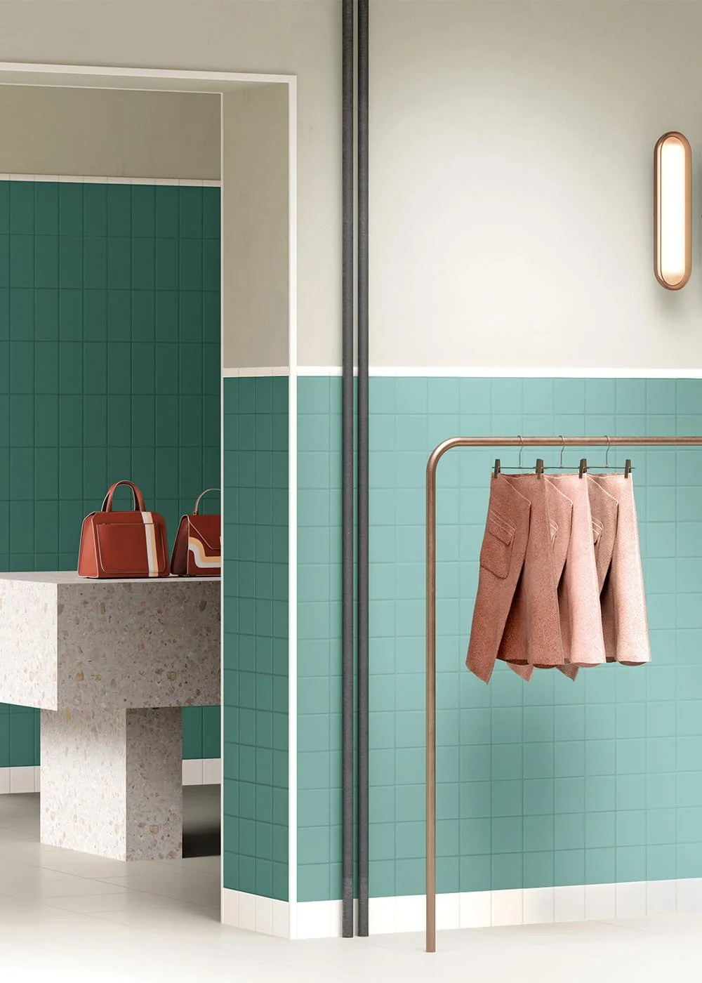 System Turchese glazed porcelain wall tile featuring turquoise and soft cream tones with contemporary architectural design
