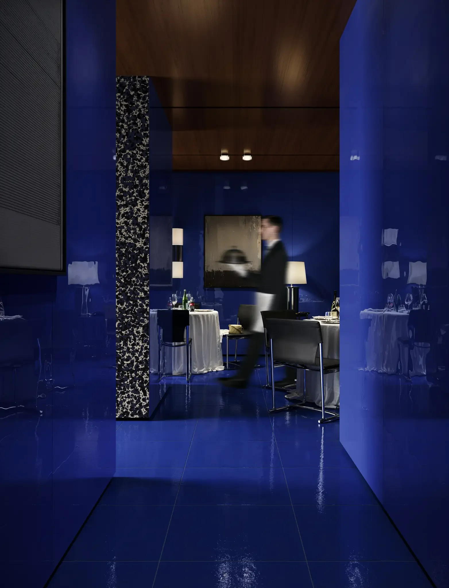 L'Eau Klein glossy porcelain tile with luminous cobalt blue glaze and fluid texture
