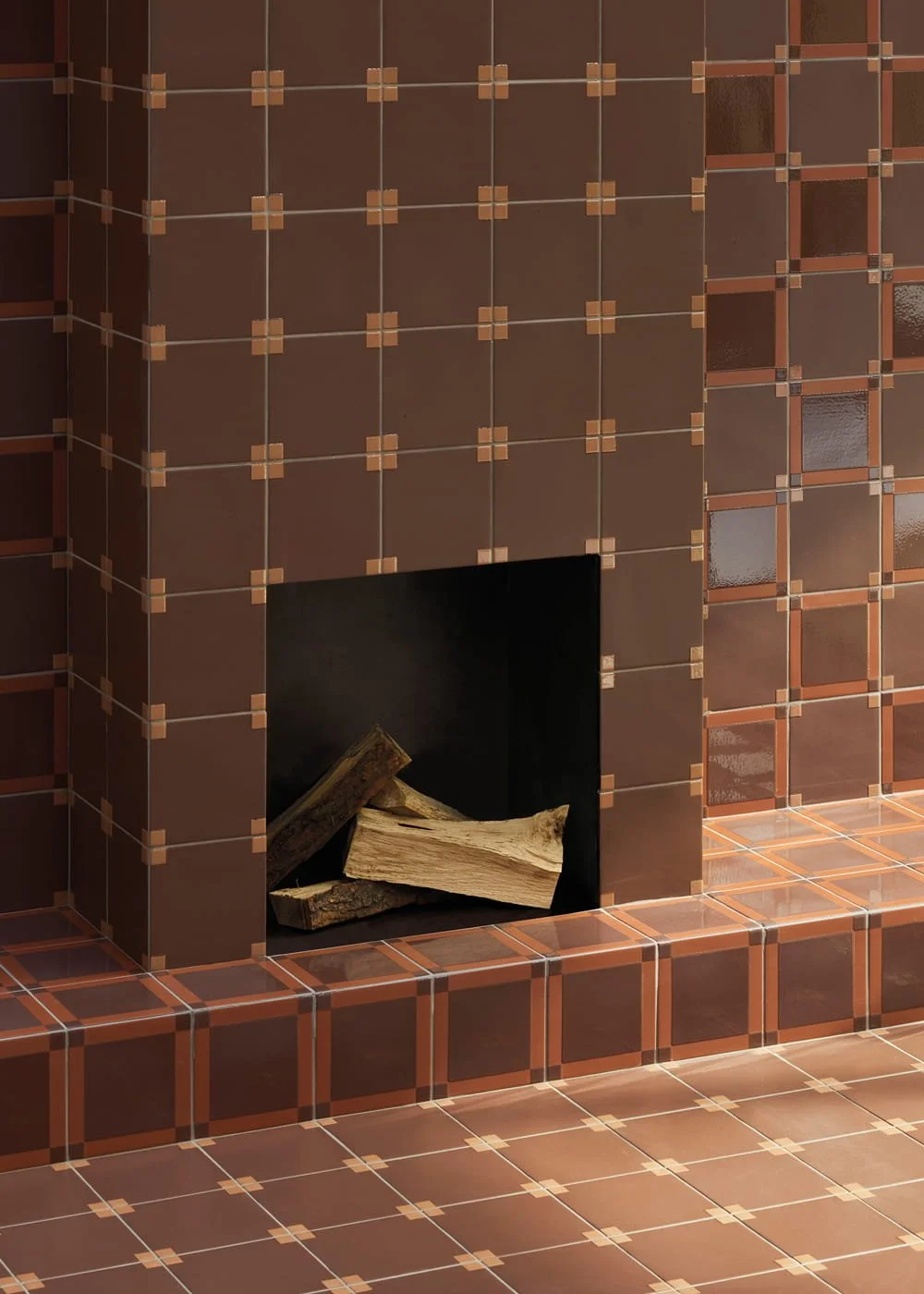 Chocolate square porcelain wall tile fireplace surround geometric grid pattern modern interior
