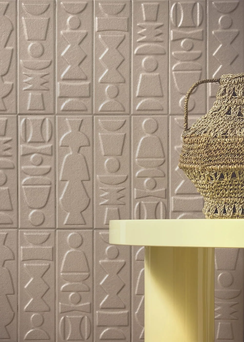 Nok Totem taupe decorative porcelain tile embossed geometric pattern contemporary interior design
