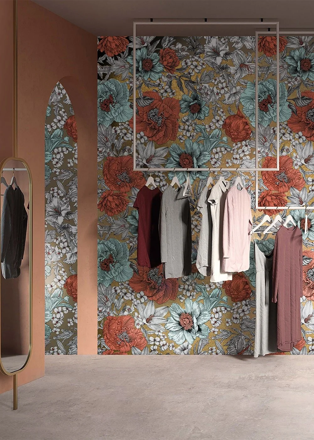 Boutique-style dressing room featuring Italian porcelain tiles in vibrant red floral patterns from Ispirare’s Fresh series, perfect for curated interiors.