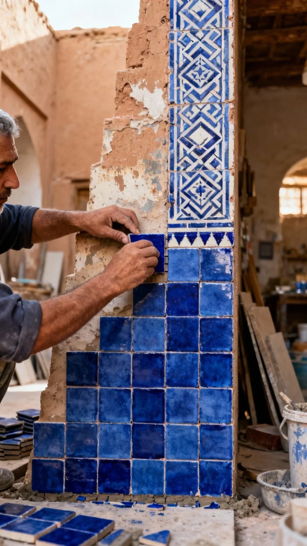 Artisan installing cobalt blue handcrafted tiles