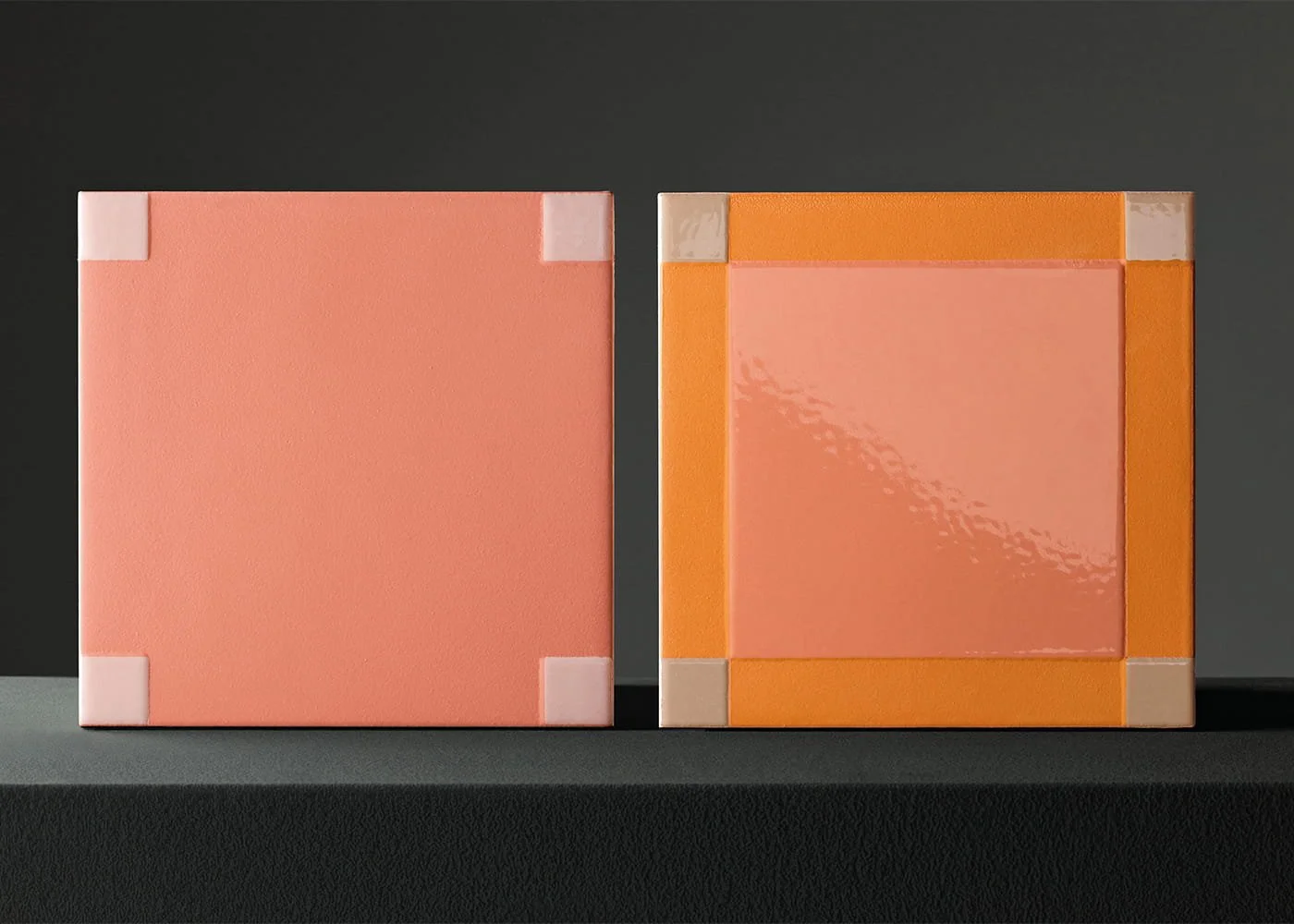 Peach square porcelain wall tile glossy finish geometric grid pattern warm modern interior design