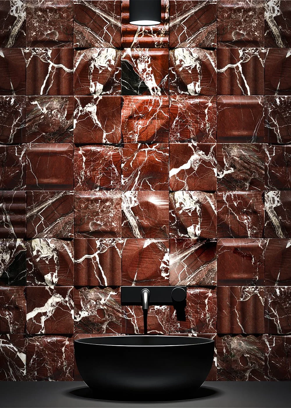 Rich Bordeaux Royal stone wall tile with geometric carved relief, handcrafted in Italy for statement interior surfaces