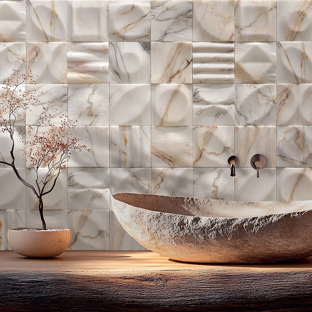 Elegant Calacatta Rosa stone wall tile with handcrafted carved motifs and soft architectural texture