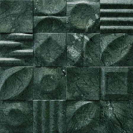   Verde India  Domino  

 Domino, Petra Antiqua, Green, Matte, Honed and Carved, Organic, Textured, Carved Natural Stone, 6 x 6 in, Handmade 
 