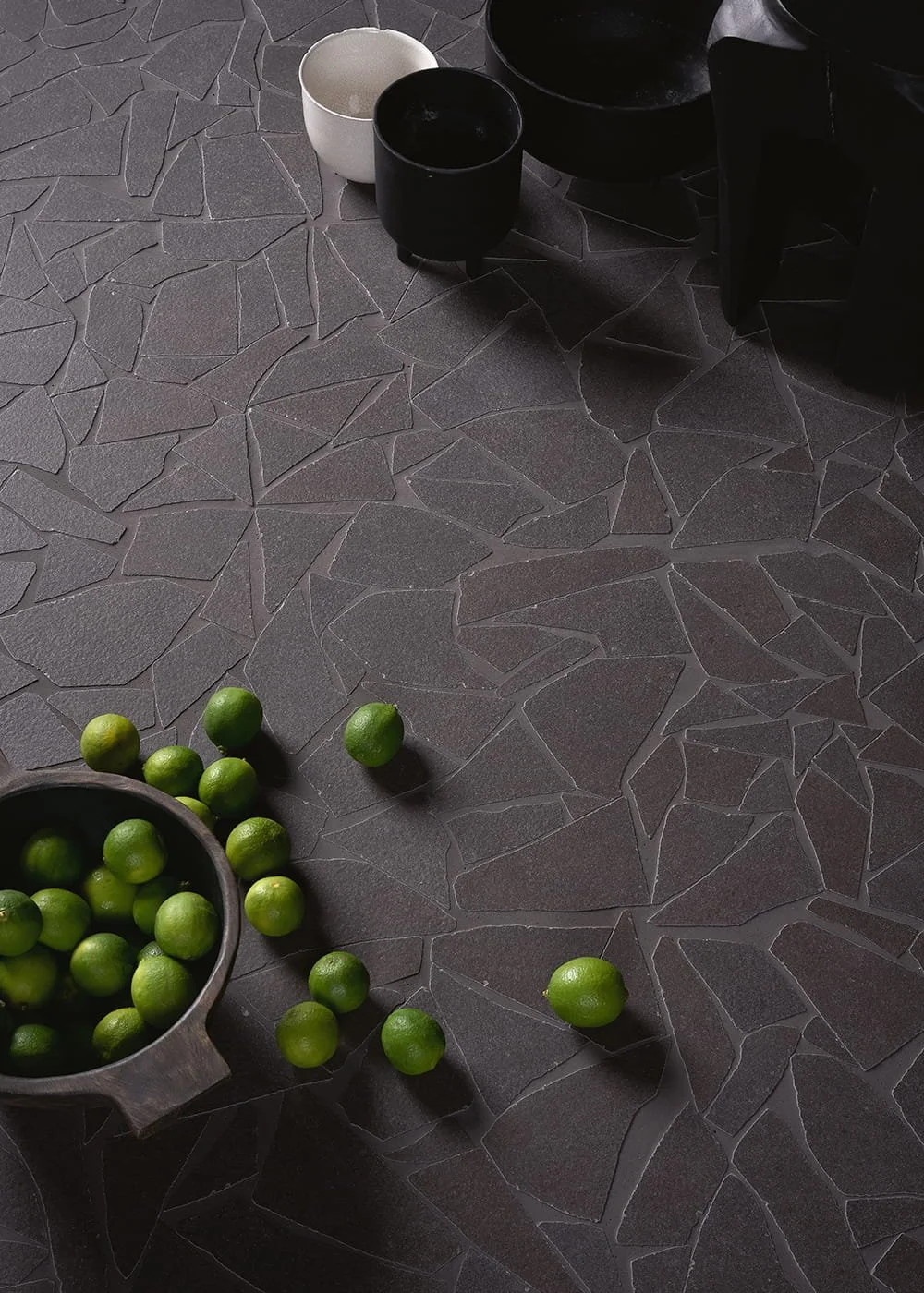 Nok Crock Ebony porcelain wall tile with sculptural geometric relief and deep charcoal tones
