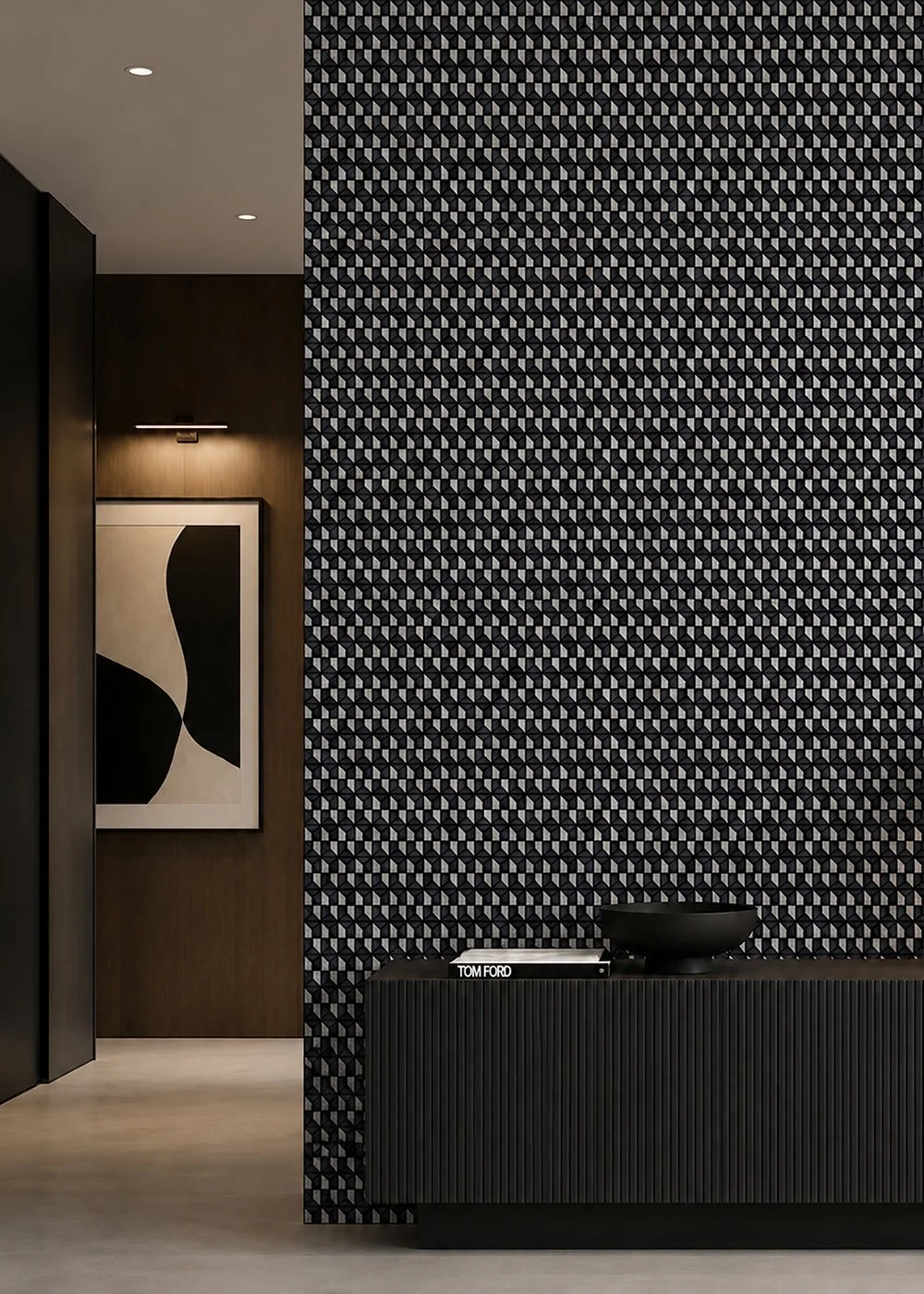 Ispirare handmade mosaic wall tile geometric pattern in Grafite and Riso modern luxury interior feature wall