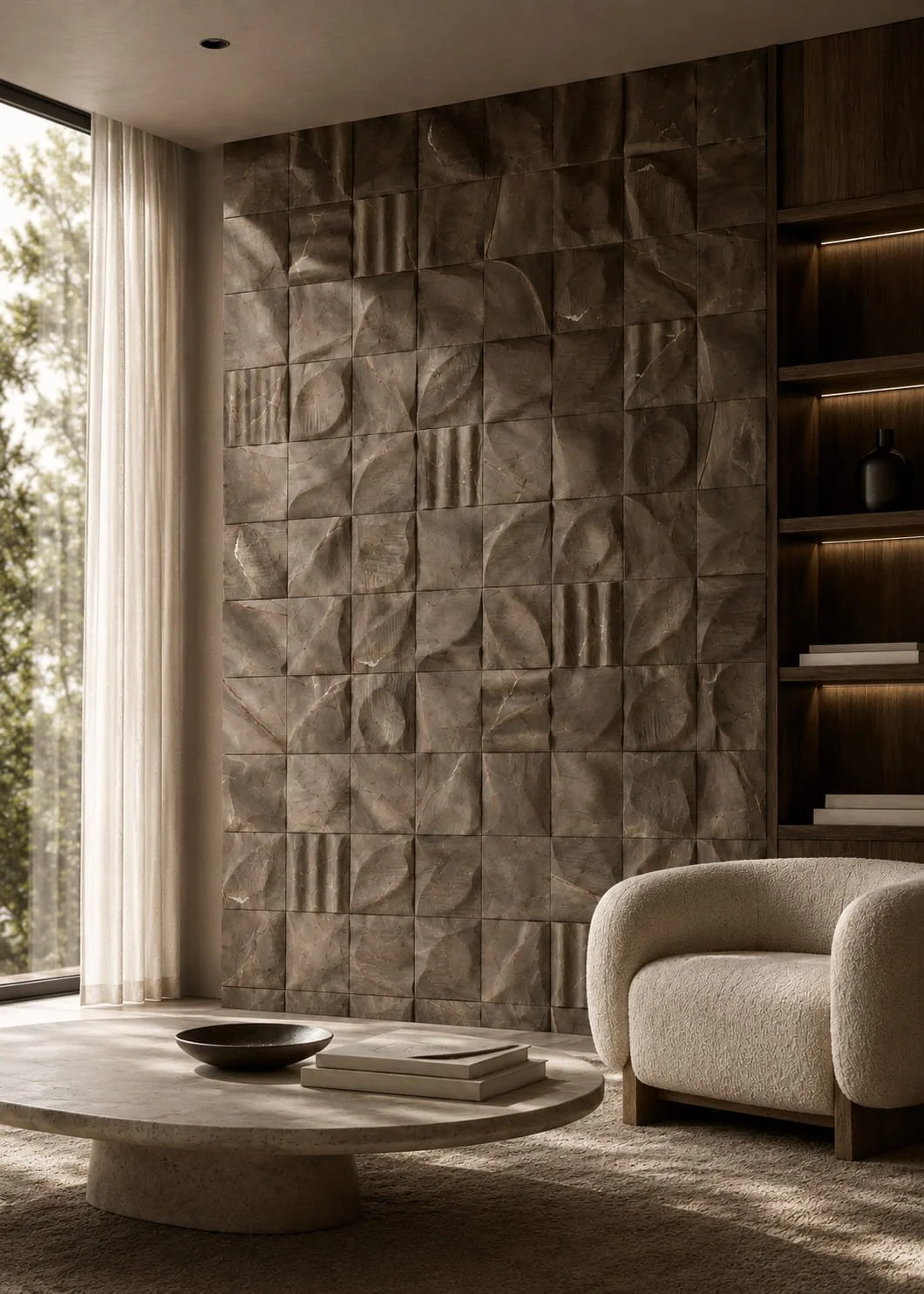 Handmade Gris Corten stone wall tile with carved geometric texture for sophisticated interior applications