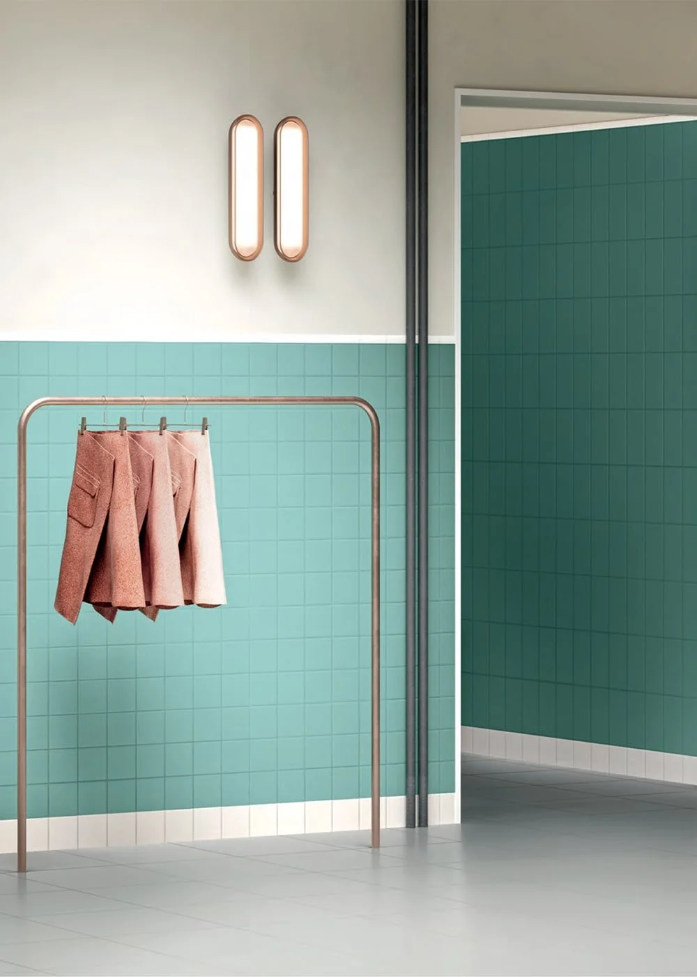 Interior with Ispirare System tile in Turchese, showcasing grid-set artisan ceramic wall tiles in a modern retail space with blush-toned coats and minimalist lighting