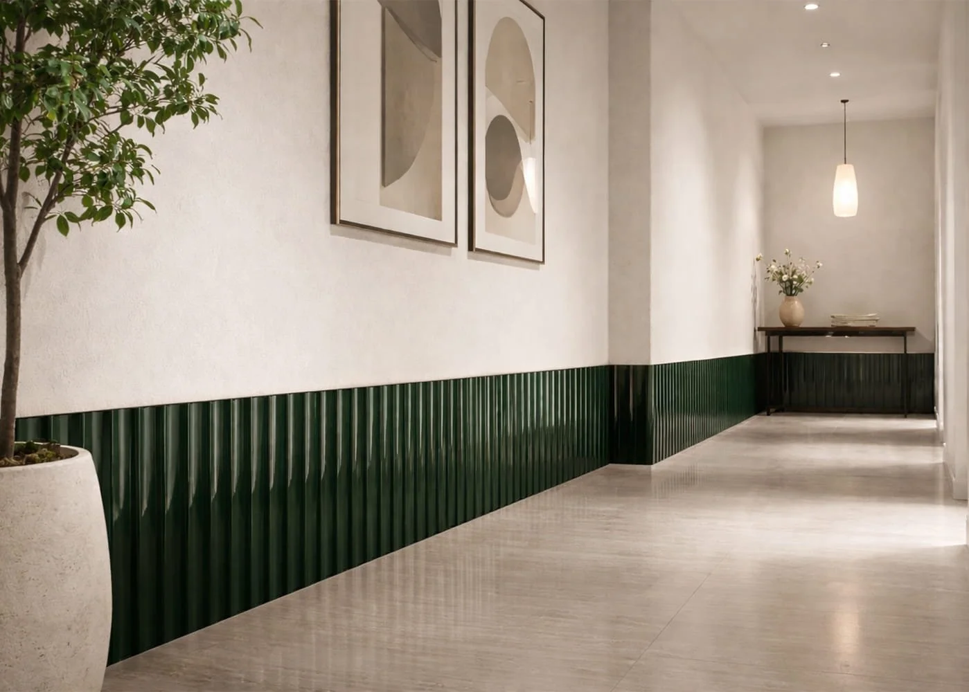 Volumi Roller 3D ceramic wall tile used for textured wall paneling in hallway