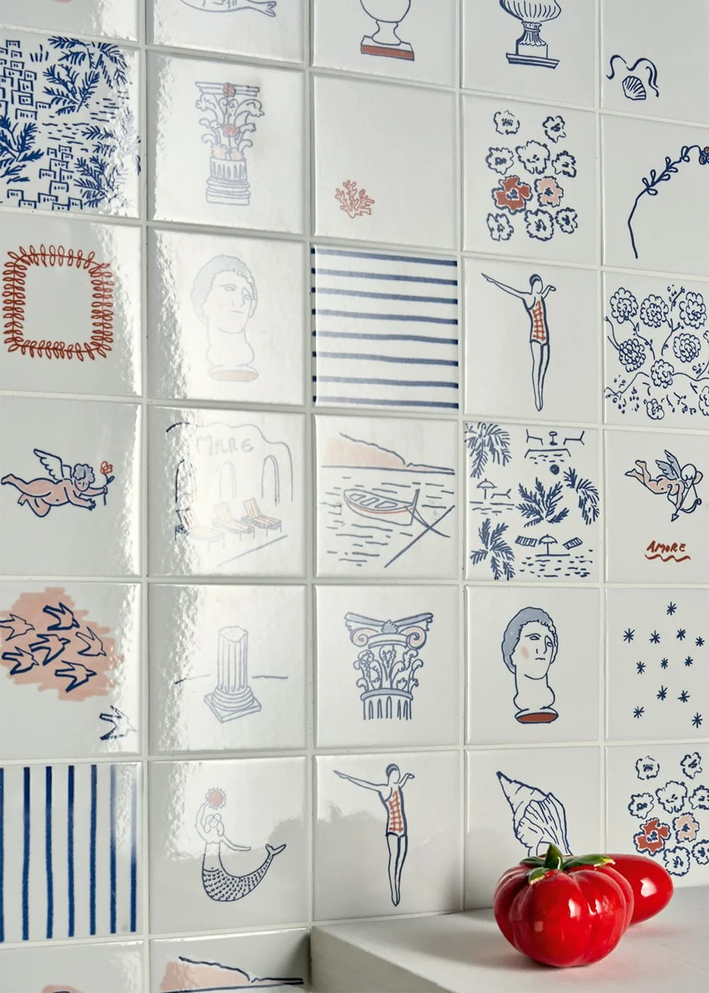 Costiera decorative porcelain tile wall installation contemporary illustrated surface design