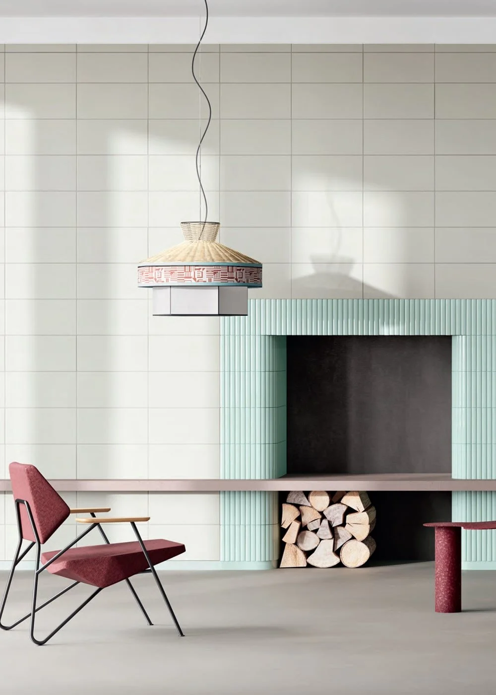 Pastel Lilla and Laguna tiles in a creative lounge – curated colors from Ispirare’s System range.