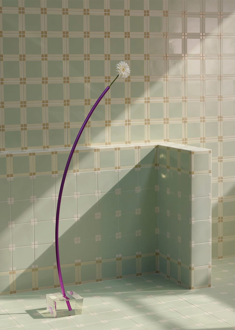 Soft green square porcelain tiles light reflection interior wall surface Mutina