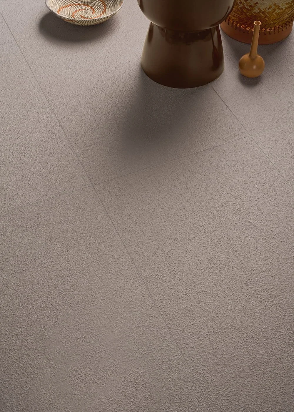 Nok Grains Taupe porcelain wall and floor tile with textured linear relief and warm natural stone tones