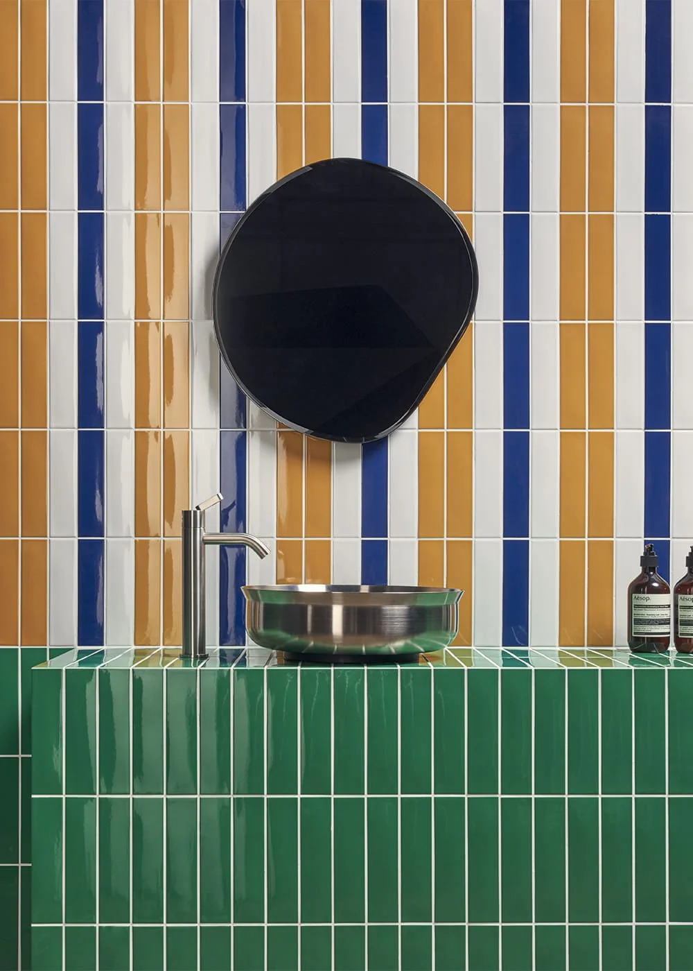Kappa green and mustard glossy porcelain wall tiles vertical striped geometric interior design