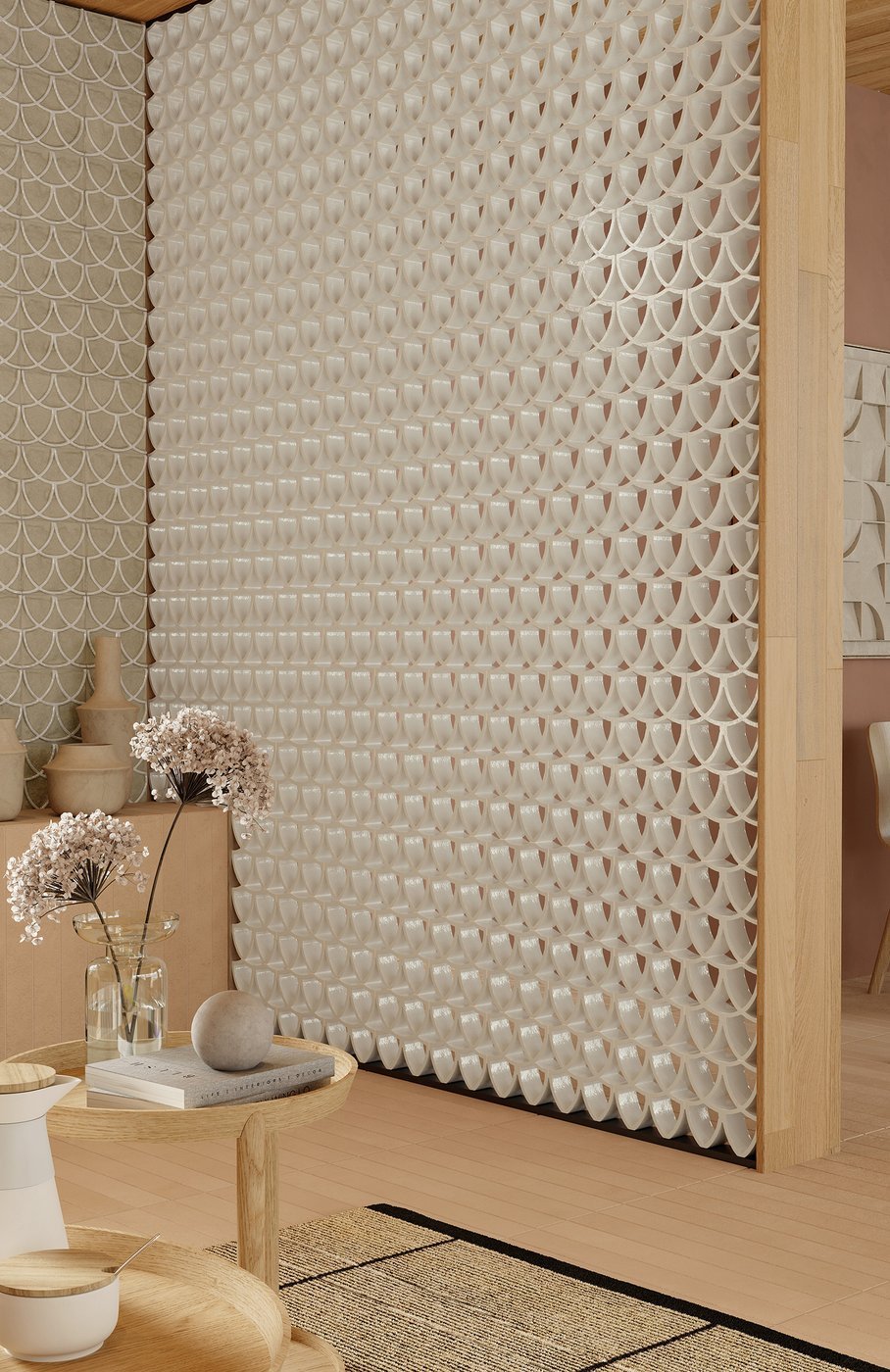 Elegant curved tile wall with 3D relief from Ispirare Arialuce Curve collection.