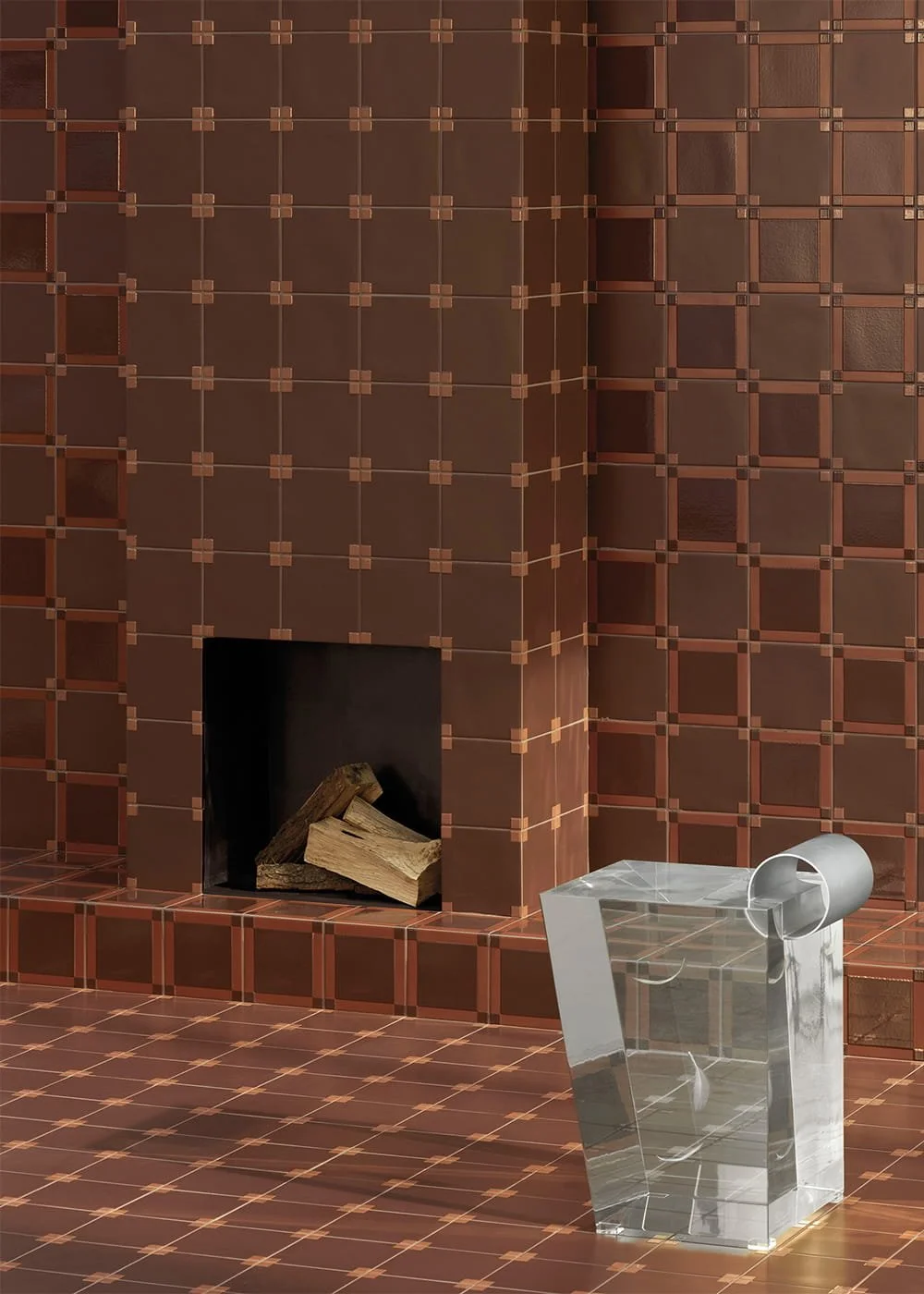 Chocolate brown square porcelain wall tile fireplace surround geometric grid pattern modern interior