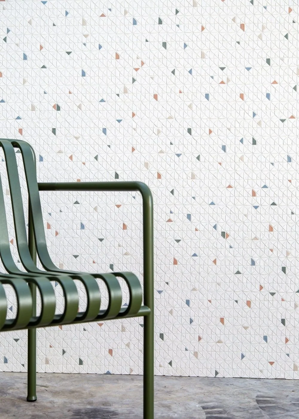 Coriandolo and Talco recycled glass mosaic tile speckled geometric surface interior design