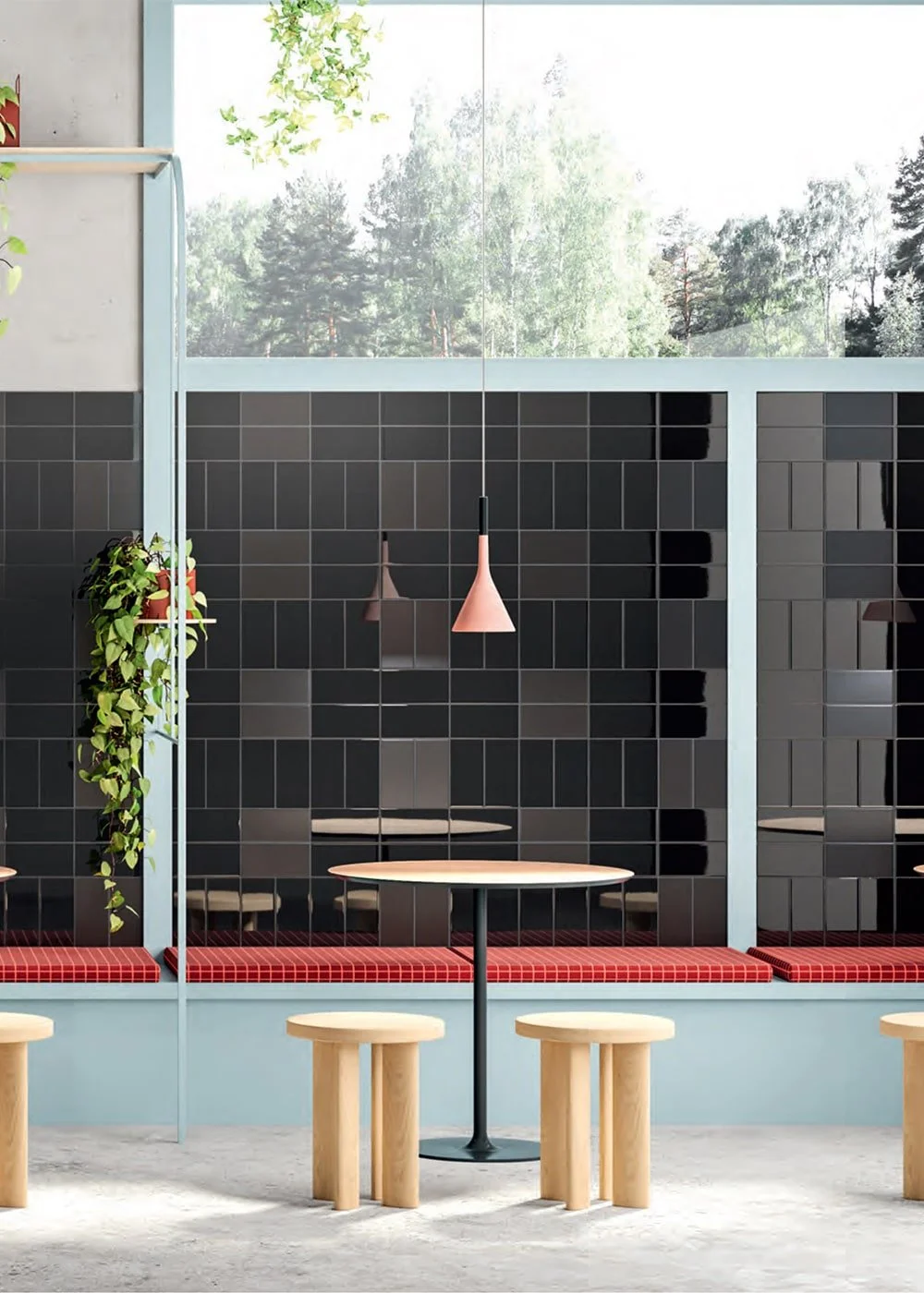 Dark grey System Ferro tile wall in a contemporary restaurant design – matte finish stoneware.