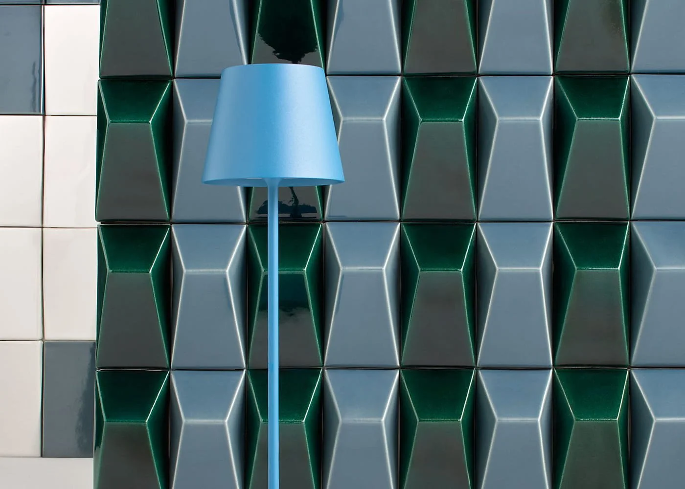 Planata 3D ceramic wall tiles creating sculptural light and shadow effect
