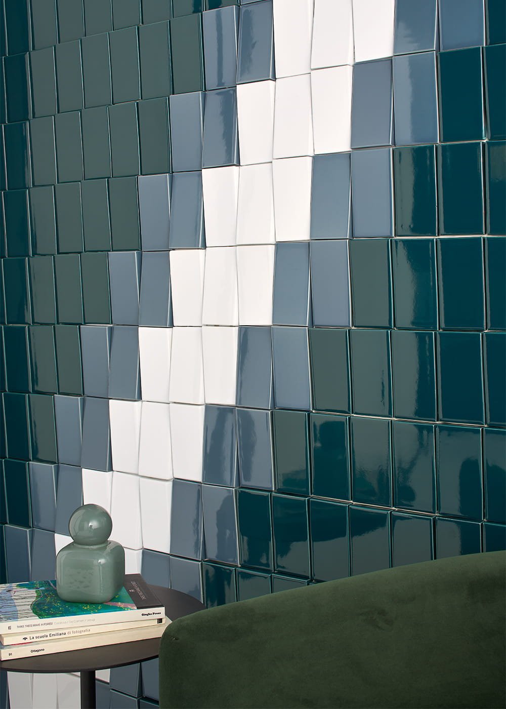 Scivolo textured ceramic wall tiles creating dimensional light reflection pattern.
