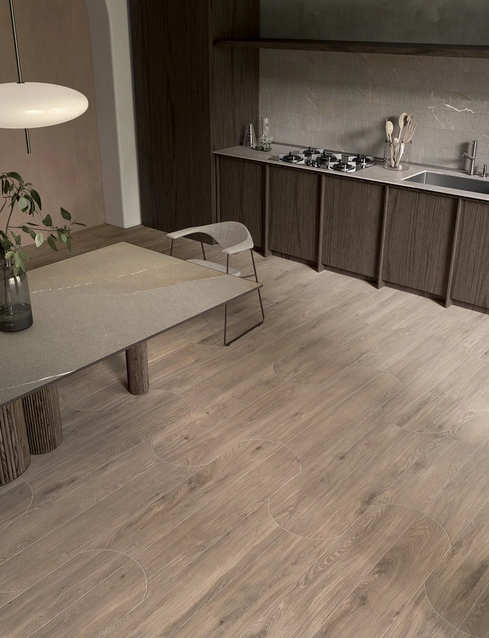 Cocoon herringbone porcelain floor in soft beige wood-look finish, made in Italy.
