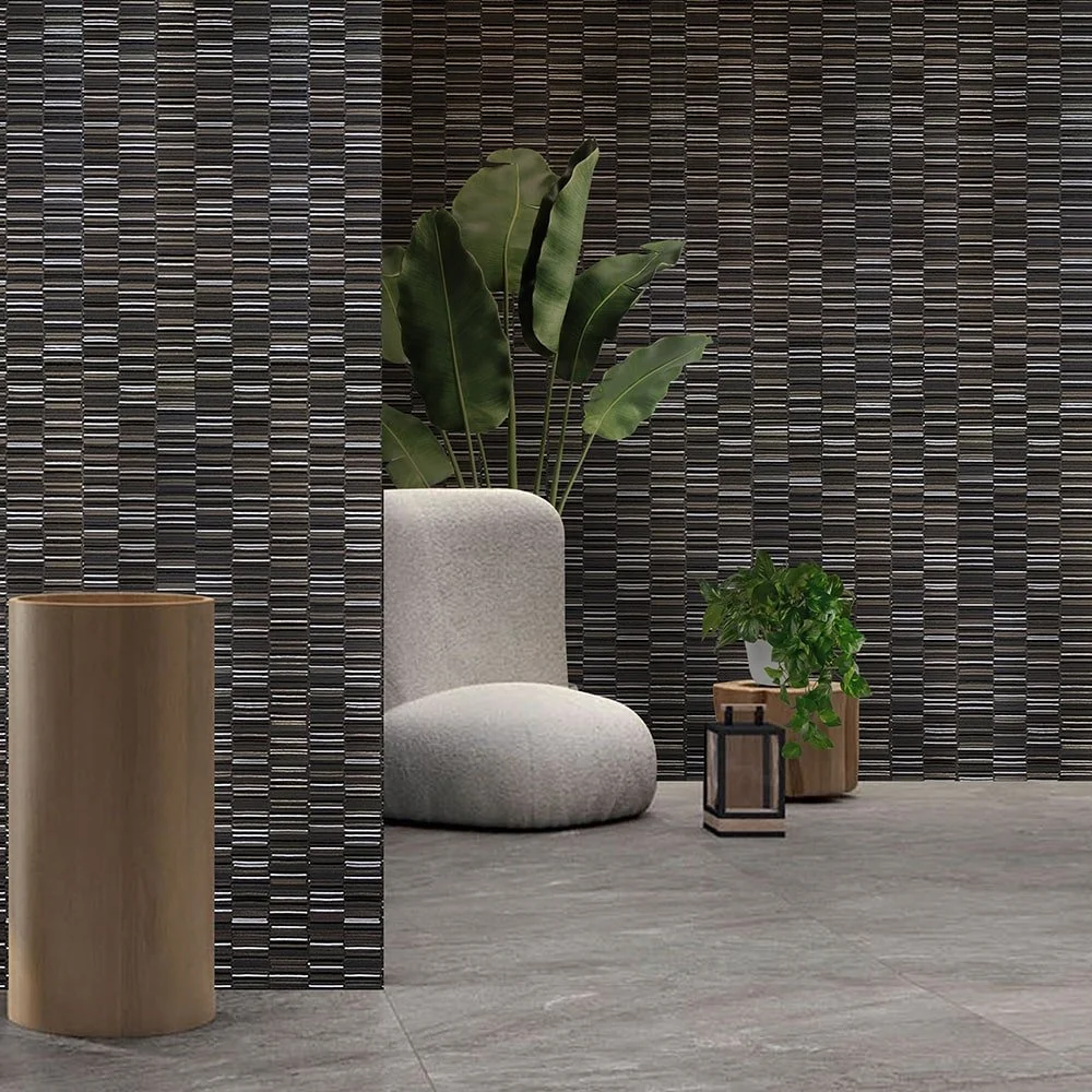 Neutral stacked porcelain tiles by Ispirare, ideal for clean, modern living room wall applications.