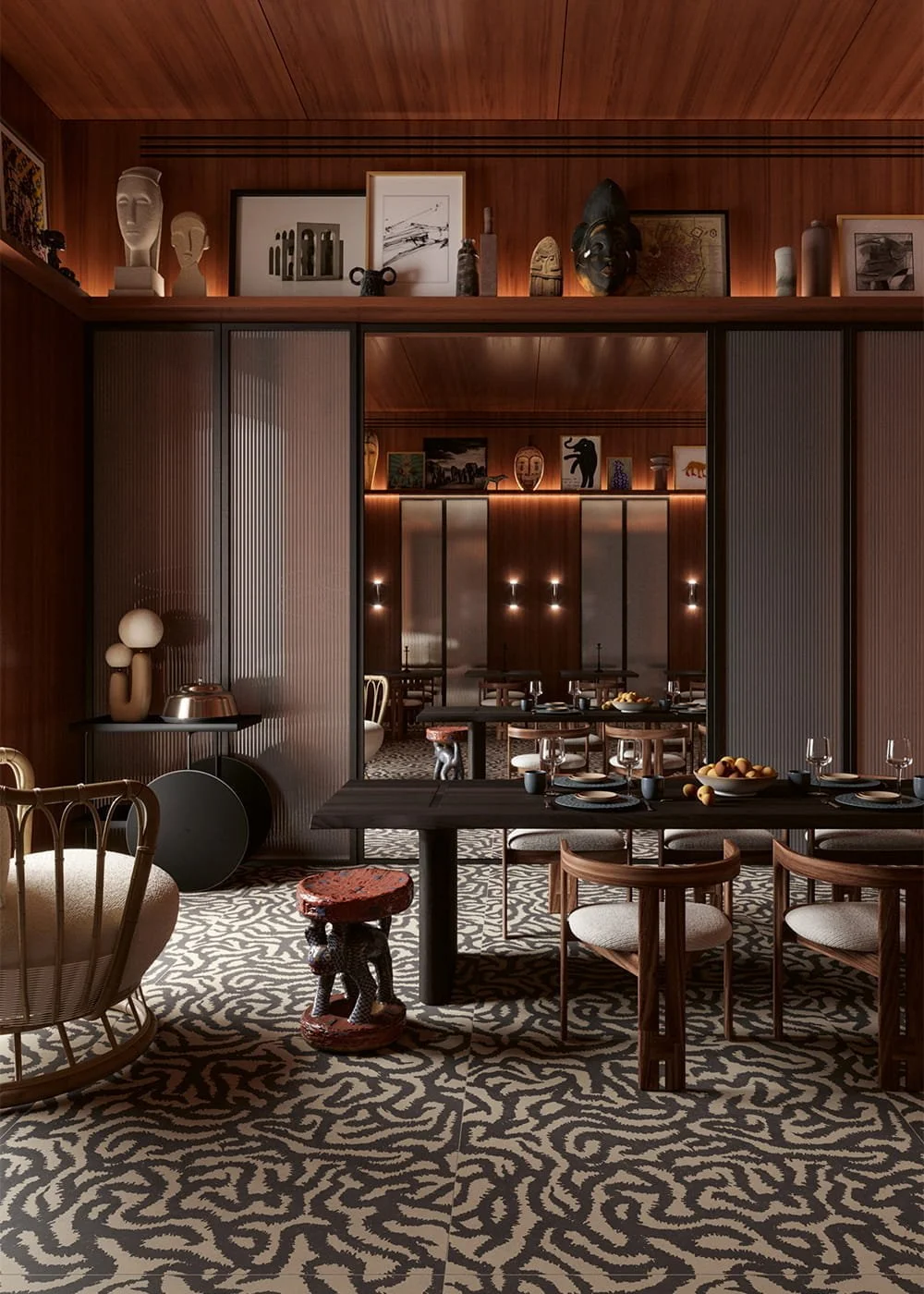 Nok Snake taupe decorative porcelain tile organic patterned floor modern dining interior