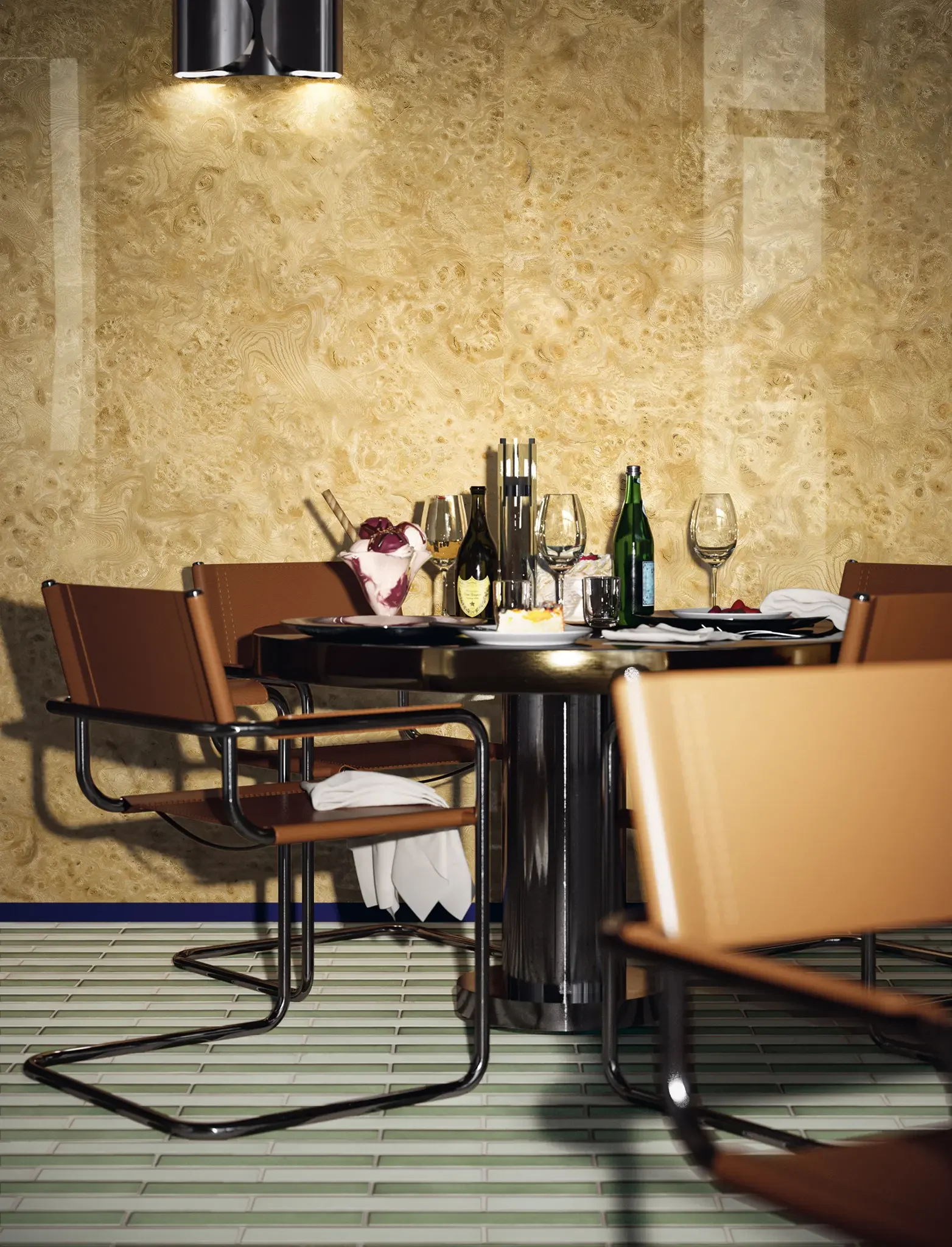 Rad Light glossy porcelain tile with burlwood-inspired patterning in warm honey and caramel tones