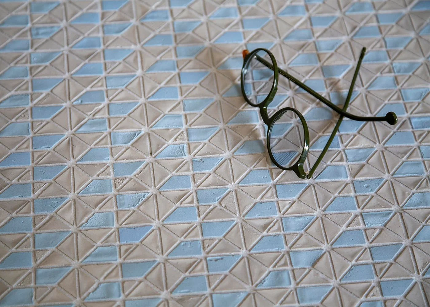 Blue and gray recycled glass mosaic wall tile geometric pattern contemporary surface design