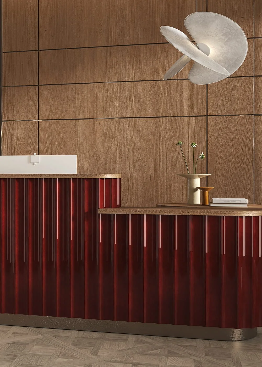 Red curved ceramic wall tile glossy finish 3D surface modern reception desk design