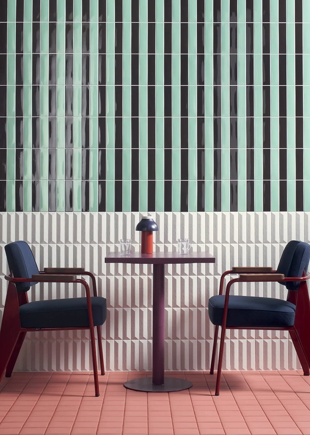 Kappa cacao mint and Raw textured porcelain wall tiles modern café interior design