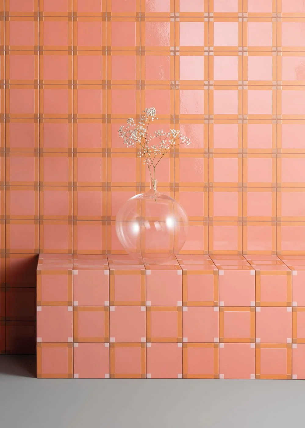 Peach porcelain wall tile square grid glossy finish Josef Albers Mutina