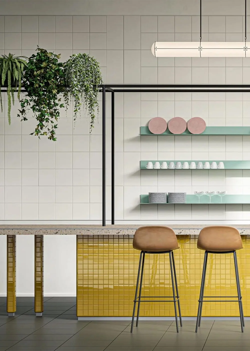 System Senape, Latte, and Argento glazed porcelain wall tile with contemporary architectural design