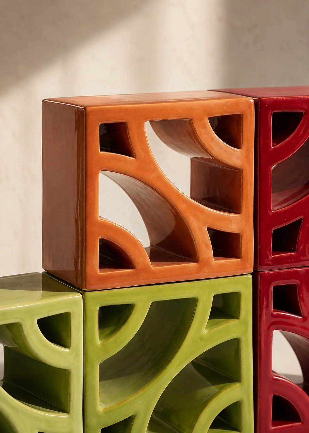 Split Blend Deco handcrafted terracotta breeze blocks with contemporary louvre-inspired geometry and warm natural tones