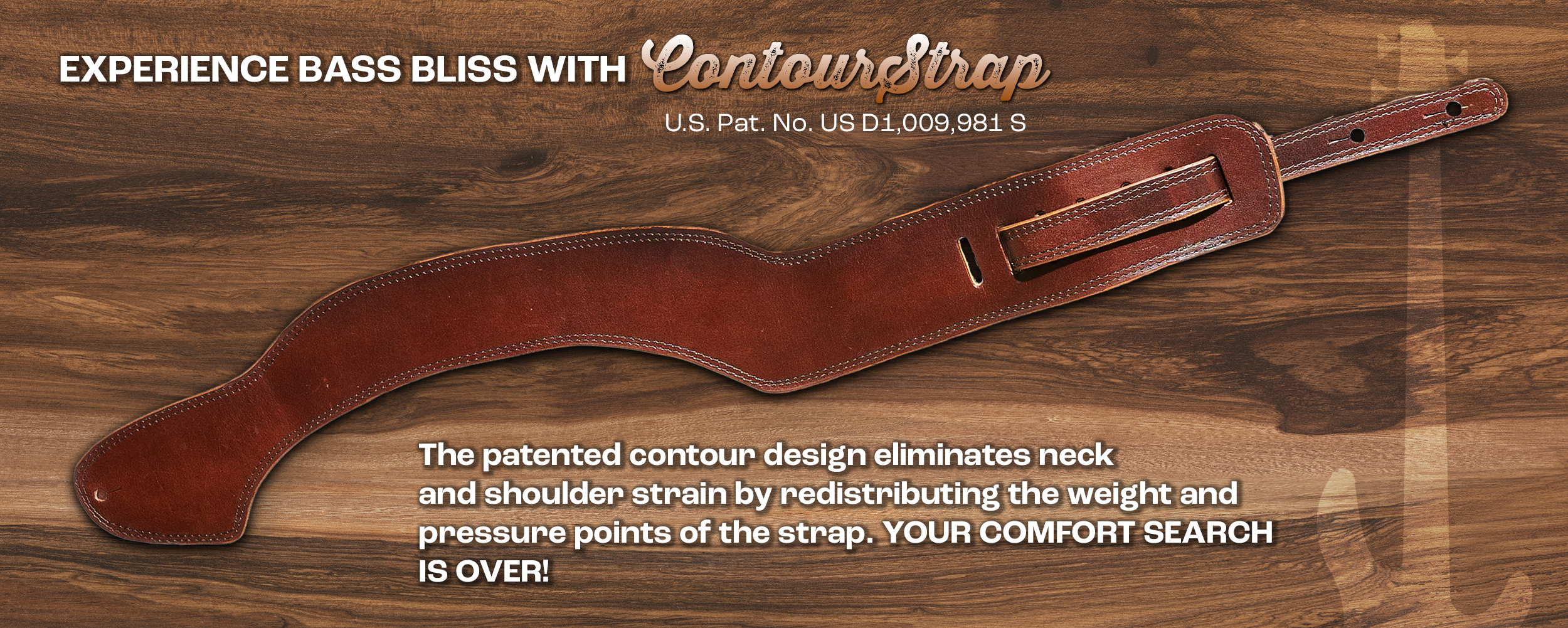 A brown leather contoured strap for a guitar on a wooden surface with promotional text highlighting its patented design for neck and shoulder comfort.