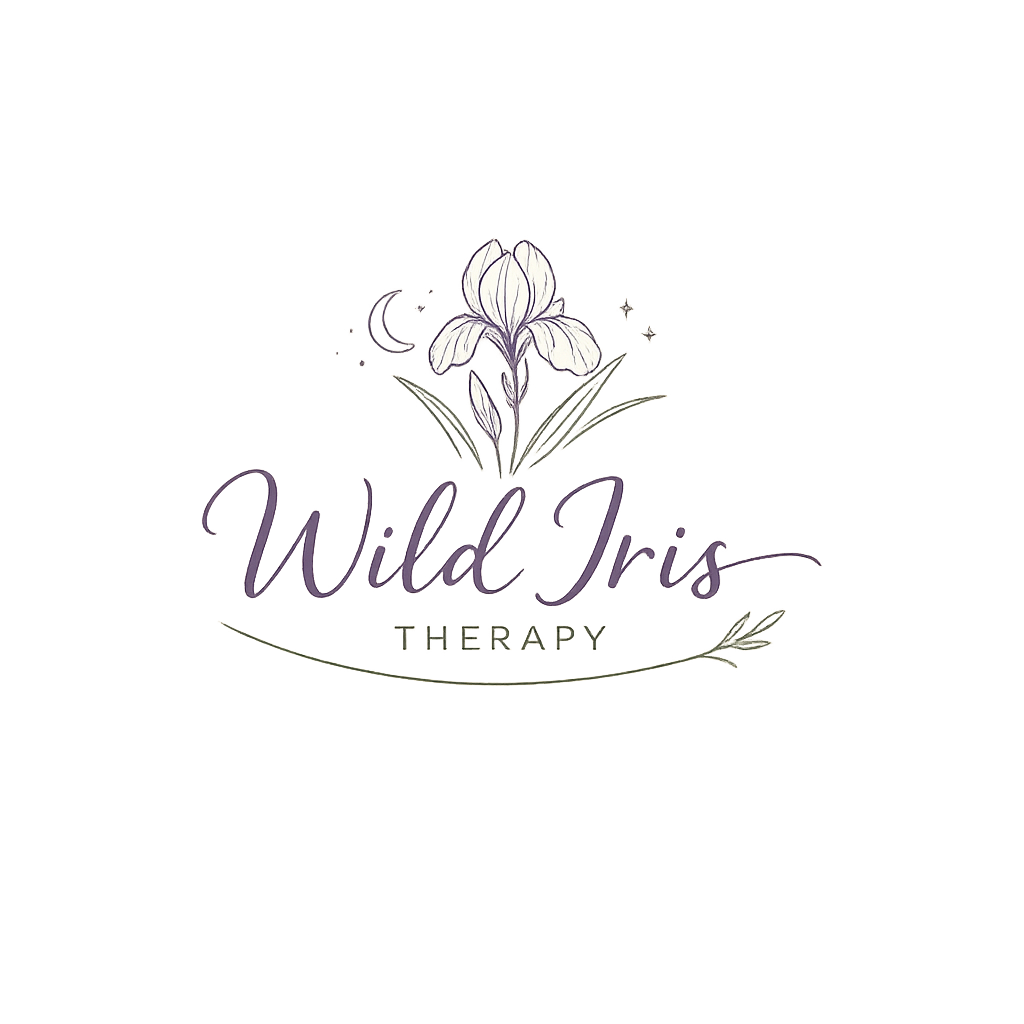 Logo for Wild Iris Therapy featuring a purple iris flower, a crescent moon, and stars, with the text 'Wild Iris Therapy' in elegant script and 'Therapy' in uppercase