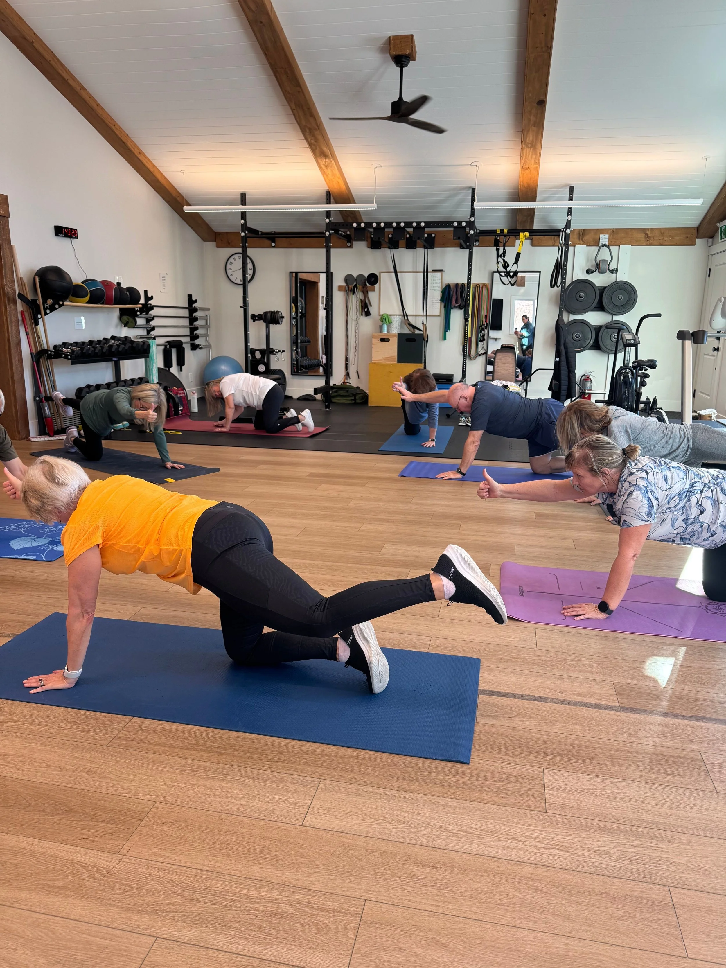 Group of seniors participating in Restorative Whole Health's strength in movement class in a bright, spacious room with large windows, wooden flooring, and a sloped ceiling, with other participants in the background.