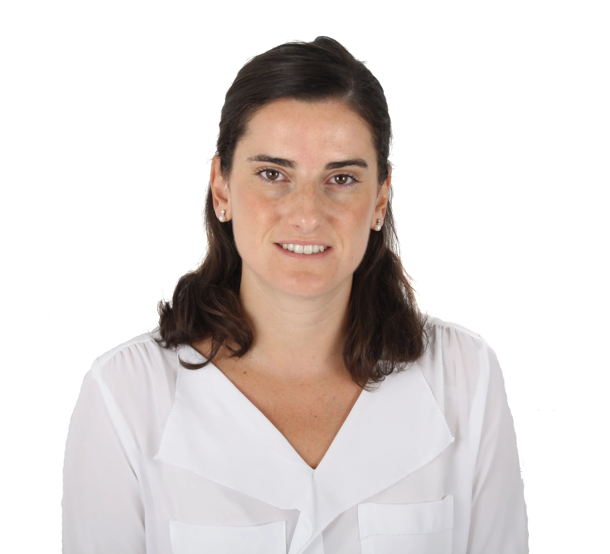 A woman with shoulder-length dark hair, wearing a white top, smiling slightly against a white background.