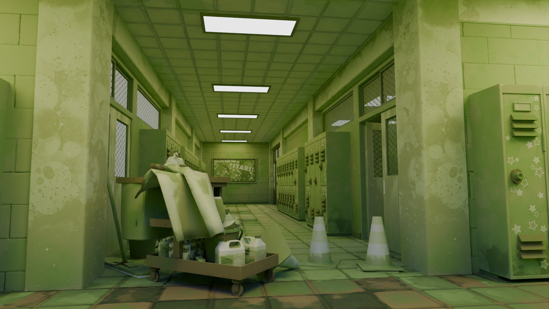 Green-tinted school hallway with lockers, cleaning cart, and cones.