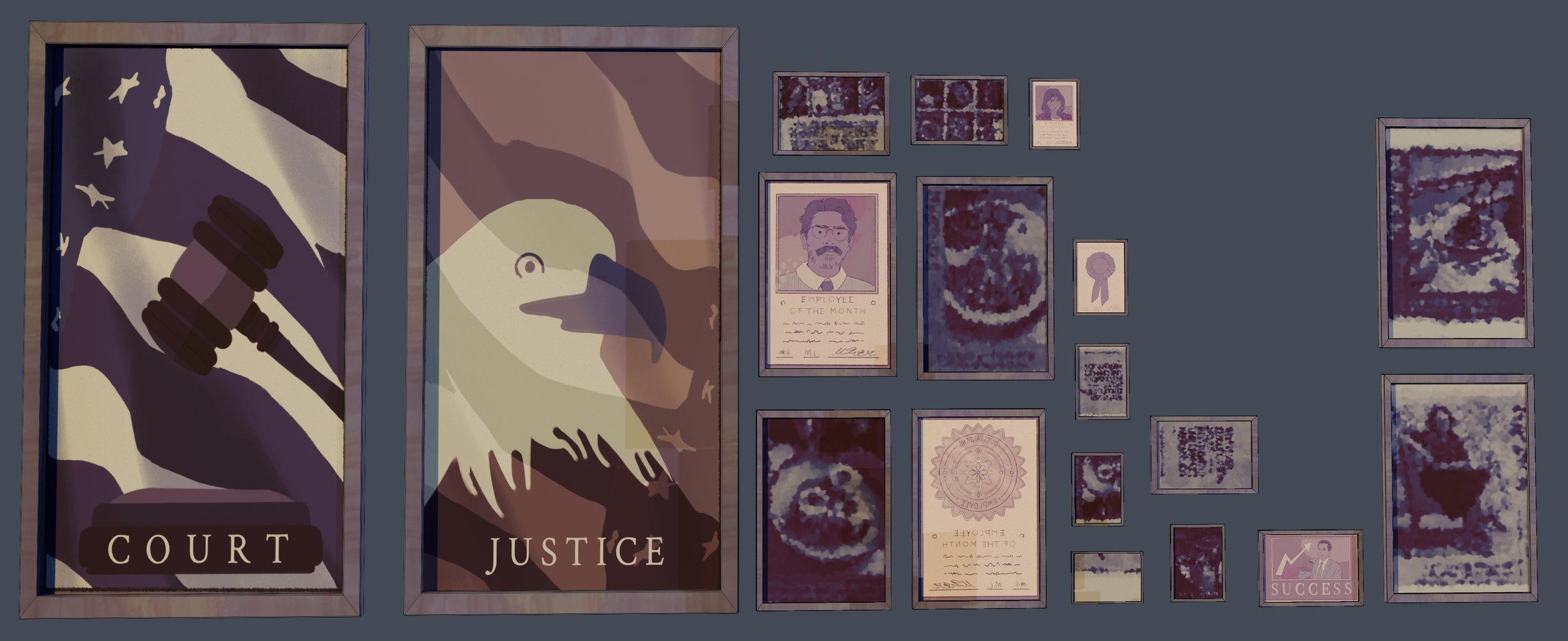 Collection of framed posters and certificates on a wall, featuring images of an American flag with a gavel labeled "Court", a bald eagle labeled "Justice", an "Employee of the Month" certificate, and various indistinct photographs and awards.