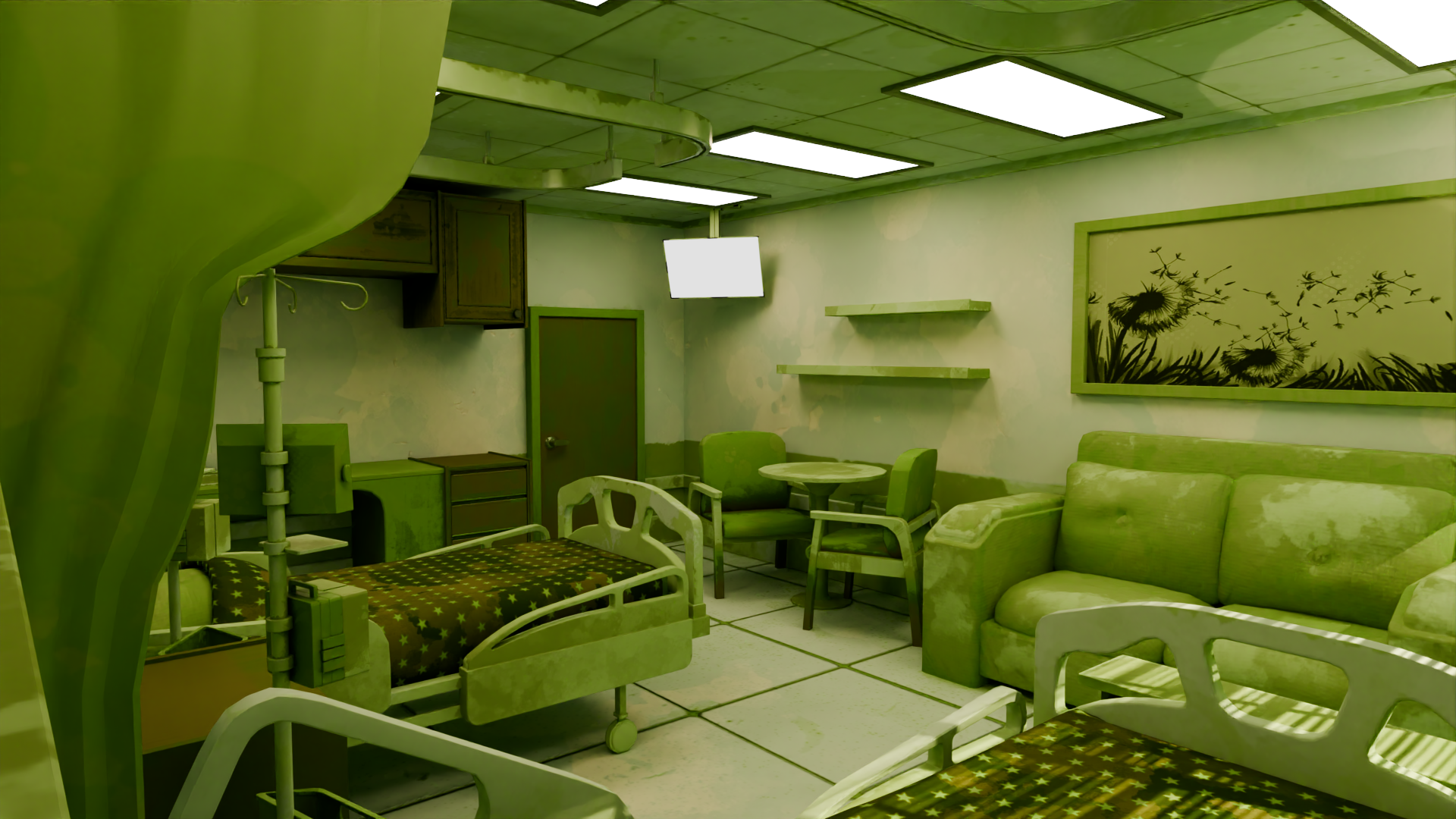 Hospital room with green tint, featuring a hospital bed, couch, medical equipment, and a picture on the wall.