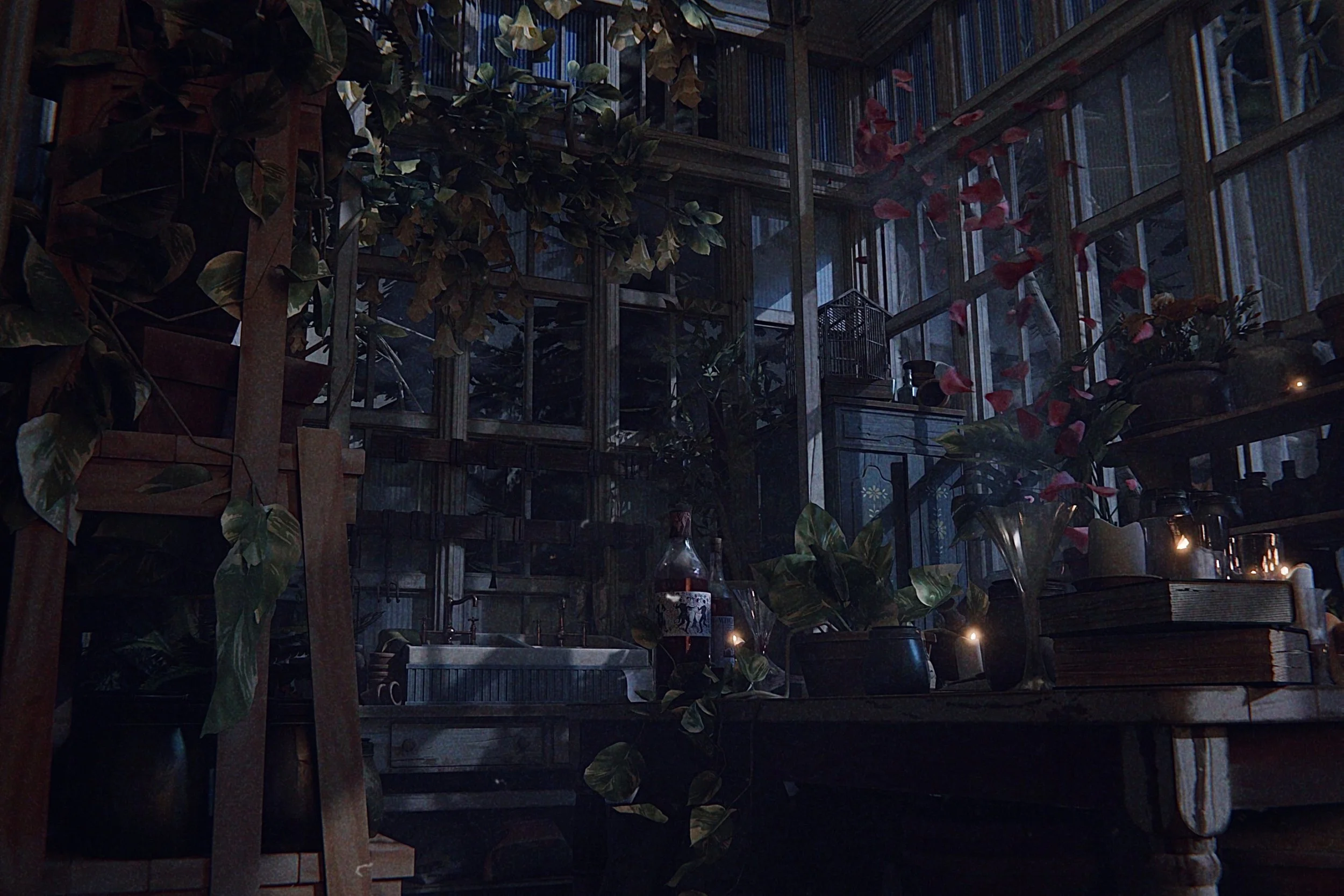 Indoor space with plants, candles, and shelving, dimly lit with warm ambiance, possibly a cafe or restaurant.